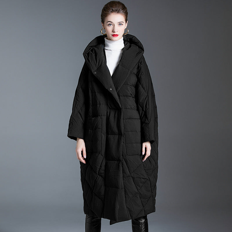 Long black cocoon down coat with oversized fit