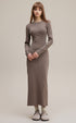 Coffee brown long sleeve bodycon dress, ribbed knit maxi, front view
