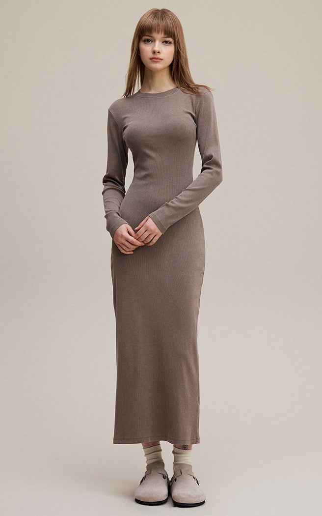 Coffee brown long sleeve bodycon dress, ribbed knit maxi, front view
