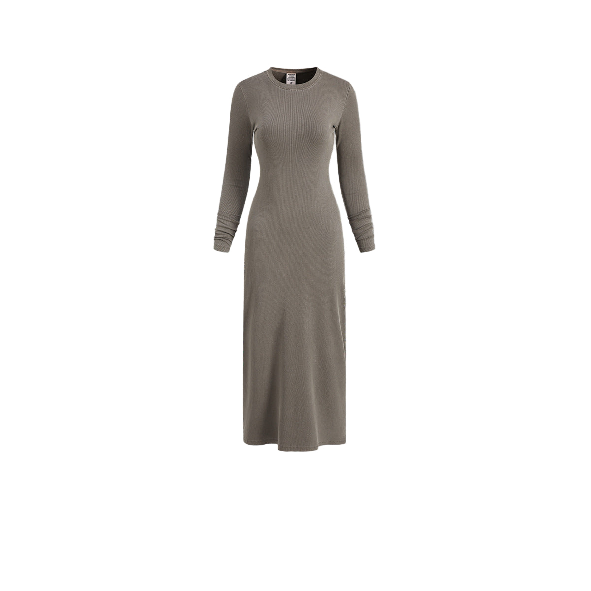 Coffee brown long sleeve bodycon dress, ribbed knit maxi, front view
