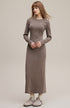 Coffee brown long sleeve bodycon dress, ribbed knit maxi, side view.