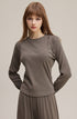 Model wearing coffee brown women’s long sleeve tee front view