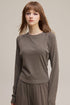 Side angle of coffee brown women’s long sleeve tee showing slim fit
