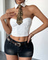 Front view of white corset top with sweetheart neckline and leopard print tie.