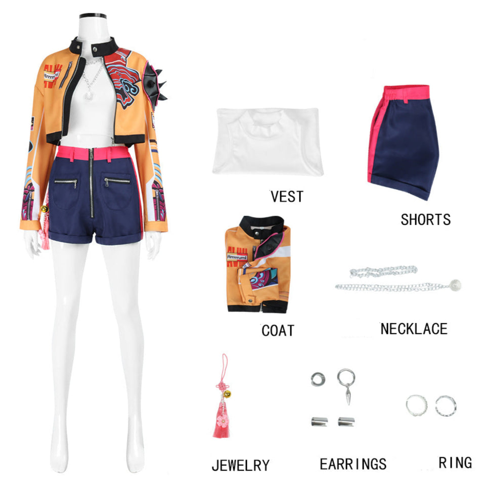 rumi halloween costume kpop cosplay yellow jacket navy shorts jewelry set