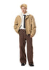 Front full-body shot of khaki cotton canvas jacket worn open over white shirt and brown cargo pants.