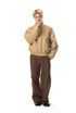 Front view of khaki fleece-lined canvas jacket with zipped high stand collar.