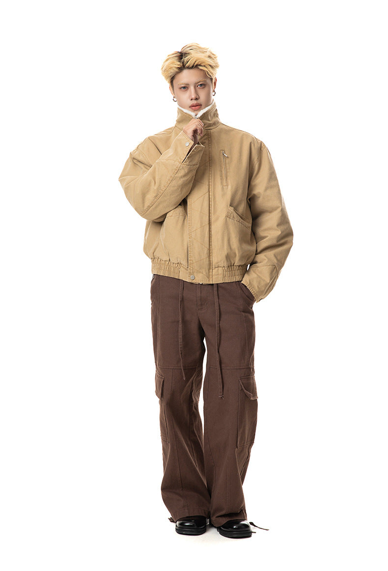Front view of khaki fleece-lined canvas jacket with zipped high stand collar.