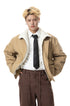 Medium shot of khaki cotton jacket worn open showing plush white lining and relaxed shoulders.