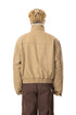Rear view of khaki canvas winter jacket showing back yoke, high collar, and elasticated waist.