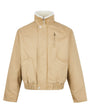 Studio flat-lay product view of the khaki cotton canvas fleece-lined stand collar jacket.