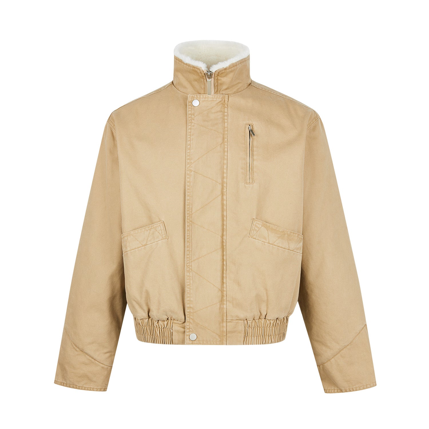 Studio flat-lay product view of the khaki cotton canvas fleece-lined stand collar jacket.