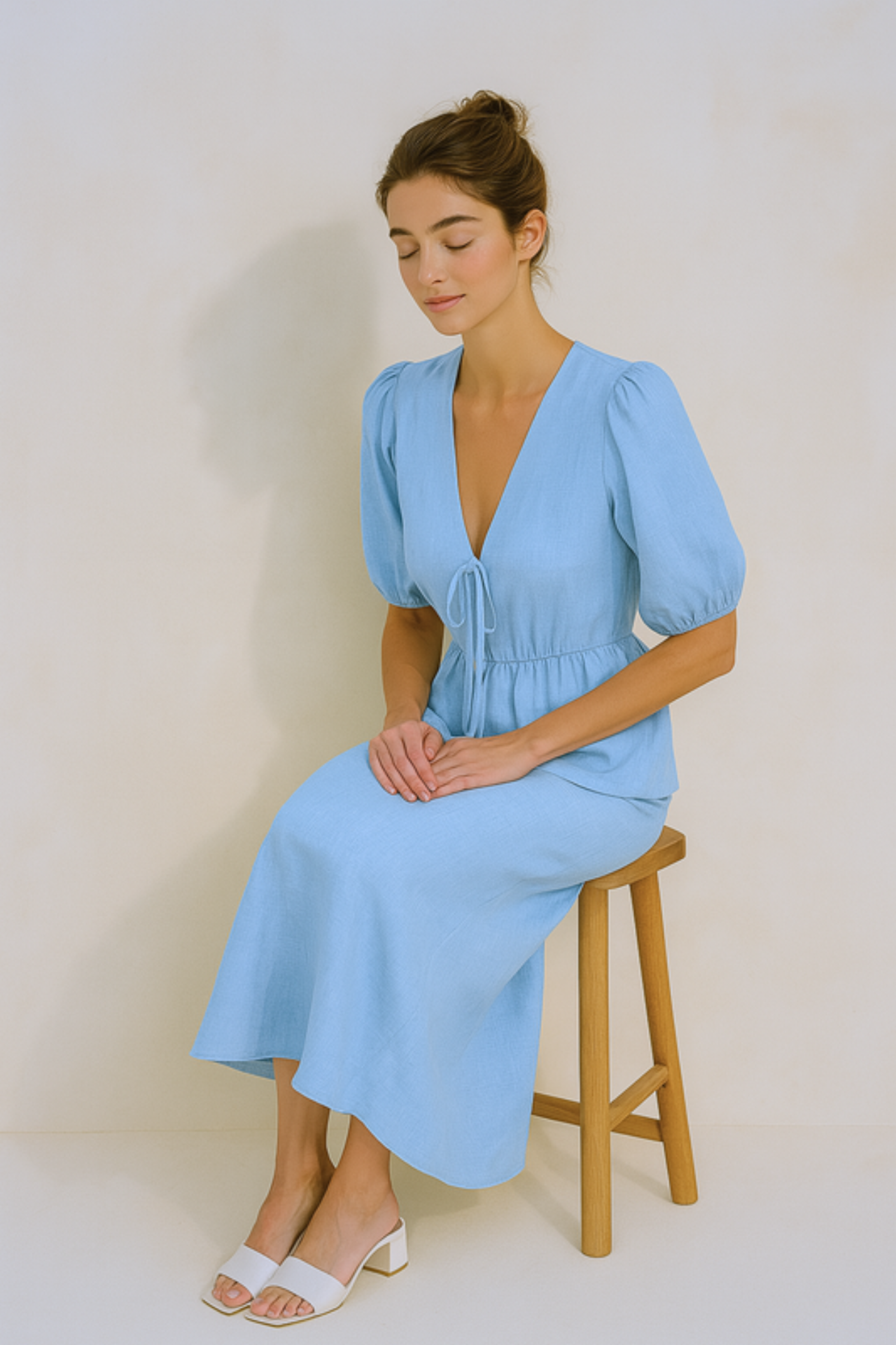 Woman wearing a light blue skirt set sitting on a wooden stool against a beige background