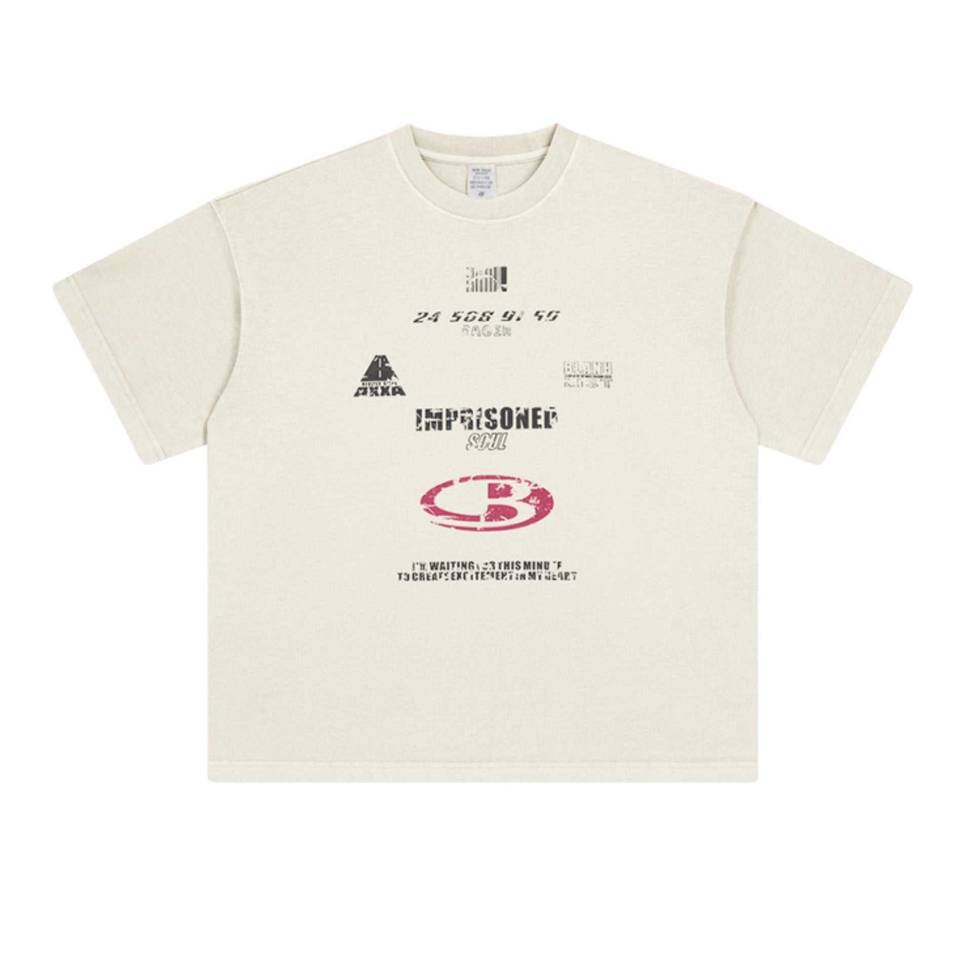 Cream t-shirt with abstract graphics and bold “Imprisoned Soul” print