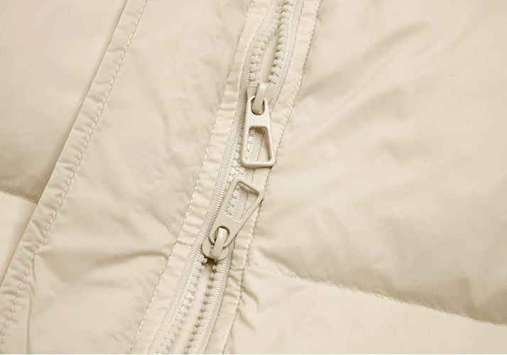 Double zipper detail of cream long puffer coat for women
