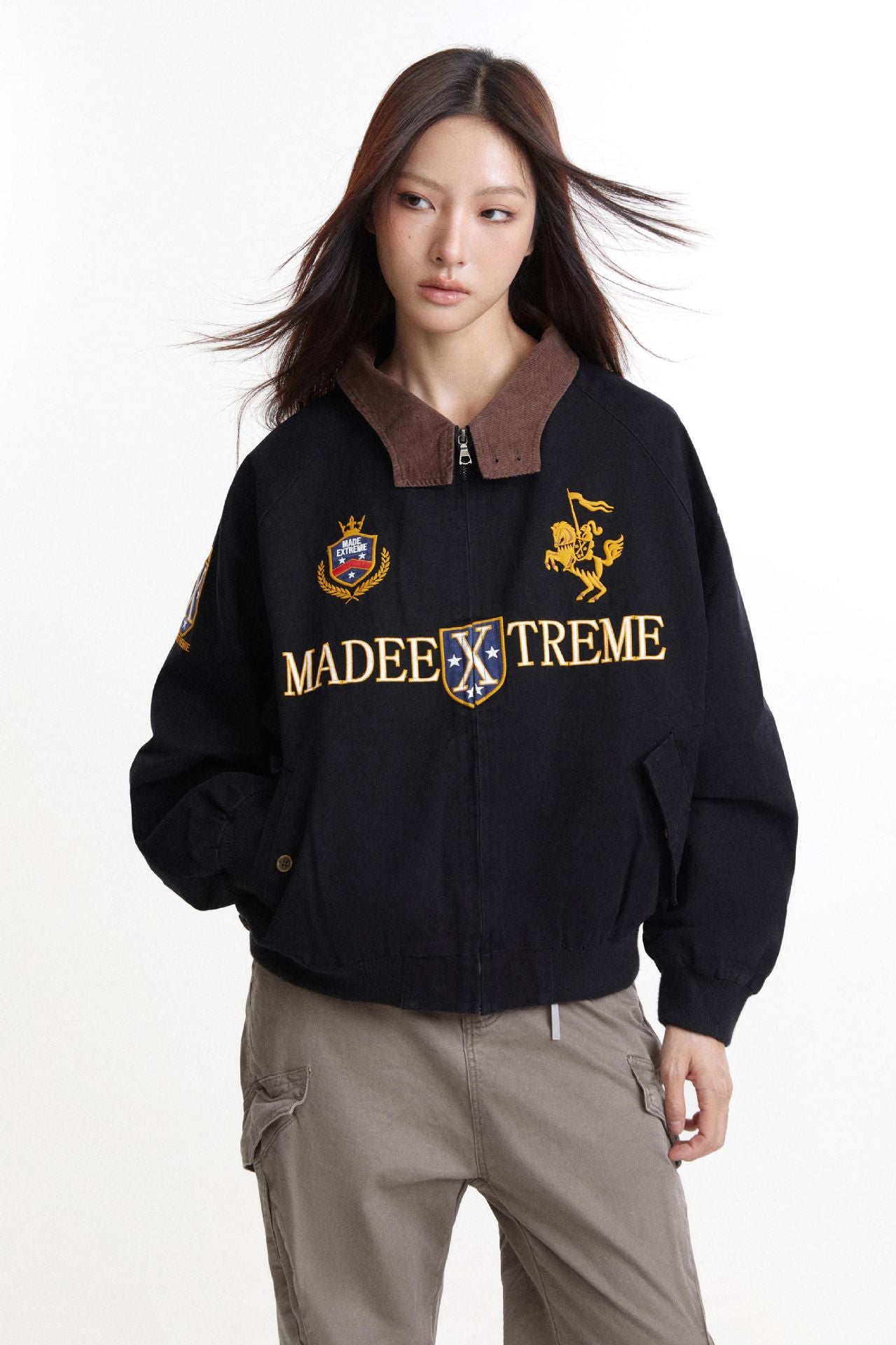 Black contrast collar work jacket styled with loose cargo pants
