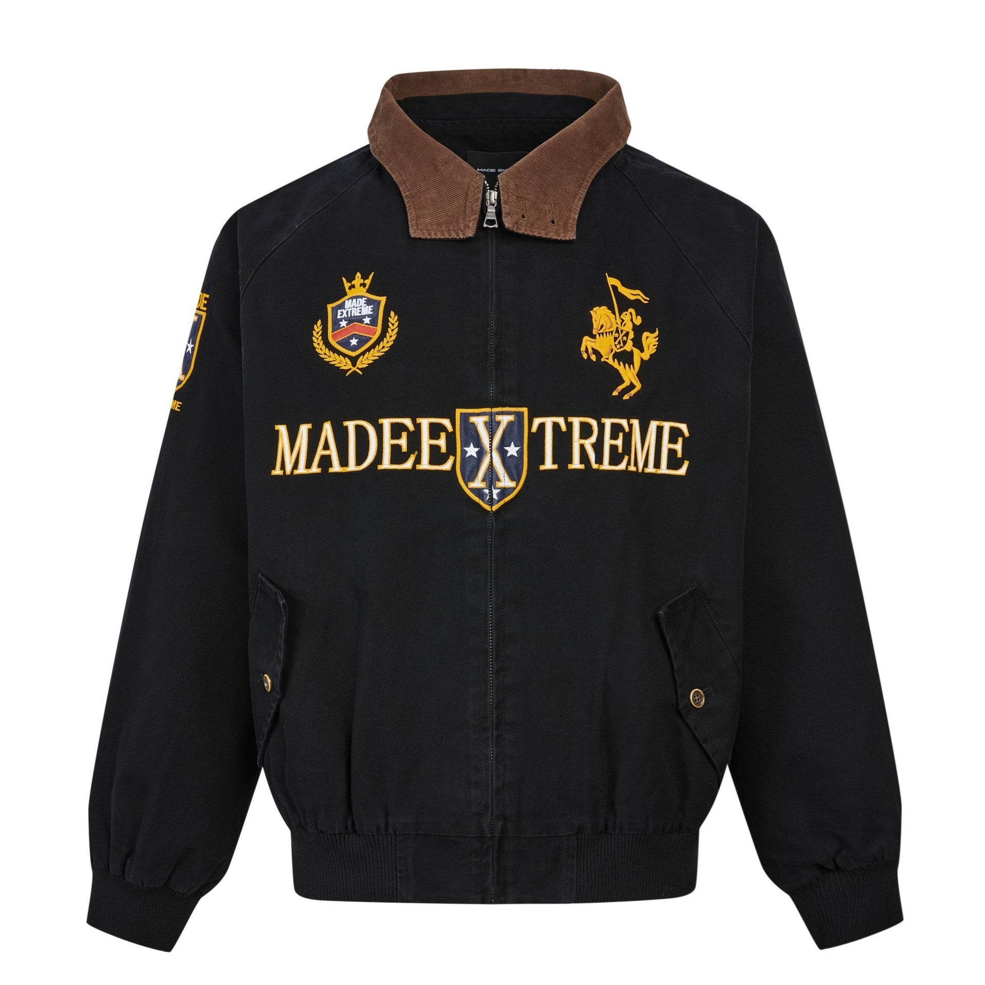 Black crest embroidered Detroit jacket isolated on white