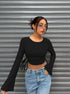 crop tops for women, black ribbed knit, crew neck, tie-side ruching, bell sleeves, front view
