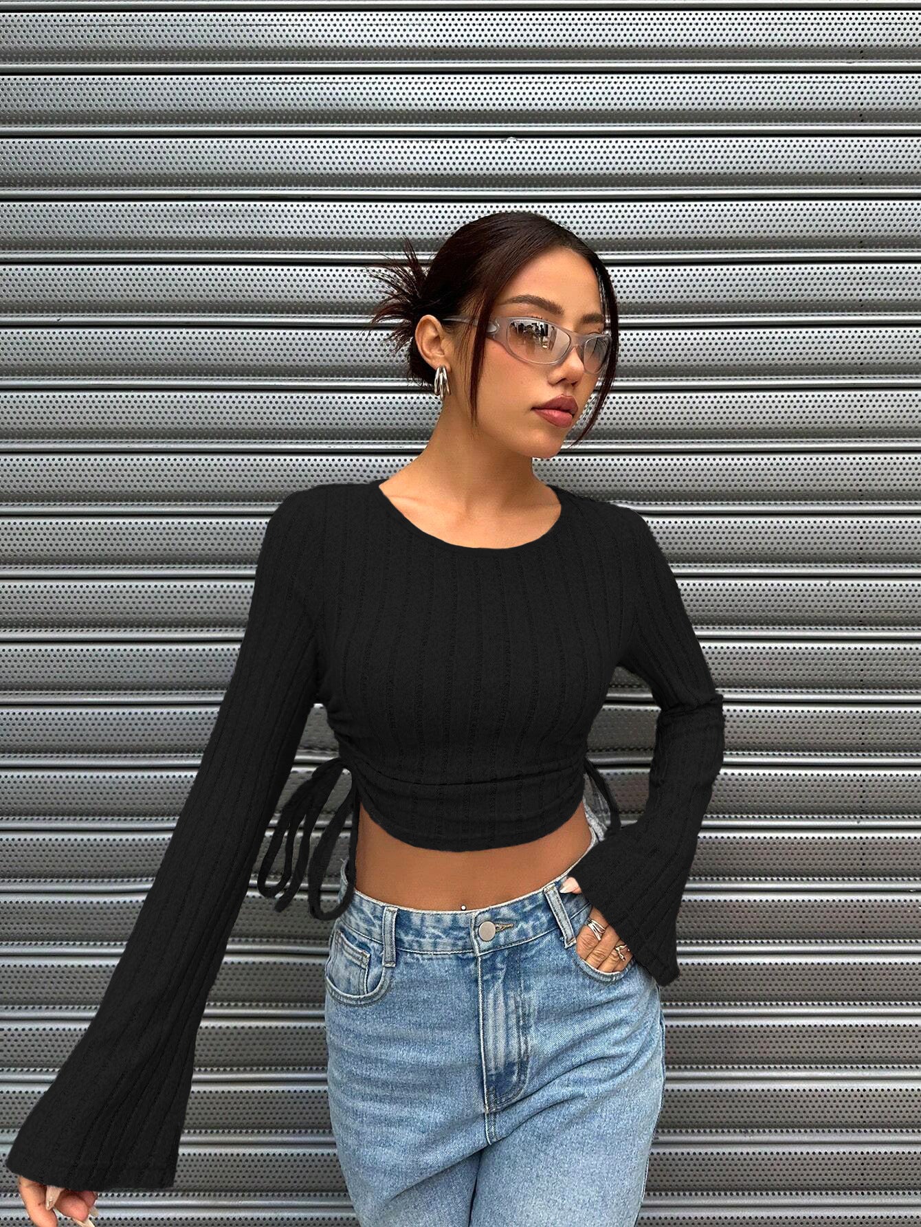 crop tops for women, black ribbed knit, crew neck, tie-side ruching, bell sleeves, front view