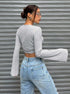 crop tops for women back view, gray ribbed knit, tie-side detail, bell sleeves, slim fit, hip-skimming