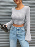 crop tops for women, gray ribbed long sleeve knit, tie-side ruching, bell sleeves, crew neck, front view