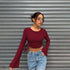 crop tops for women, wine red ribbed knit, bell sleeves, crew neck, hands-on-hips front view