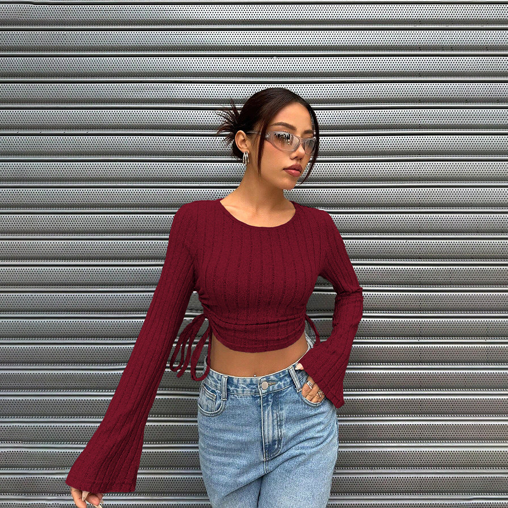 crop tops for women, wine red ribbed knit, bell sleeves, crew neck, hands-on-hips front view
