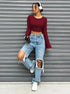 crop tops for women, wine red ribbed long sleeve, crew neck, bell sleeves, casual street pose