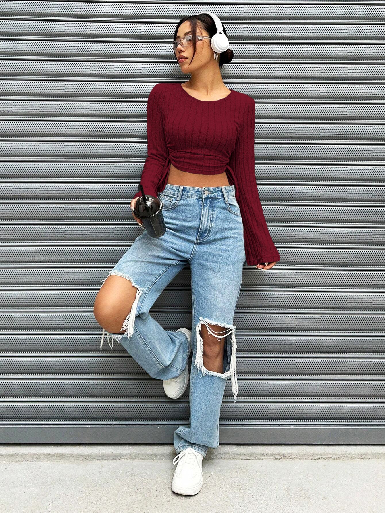 crop tops for women, wine red ribbed long sleeve, crew neck, bell sleeves, casual street pose