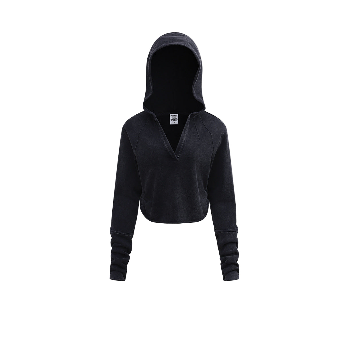 Women’s cropped hoodie, black, long sleeve, hood, front flat lay—minimal streetwear.