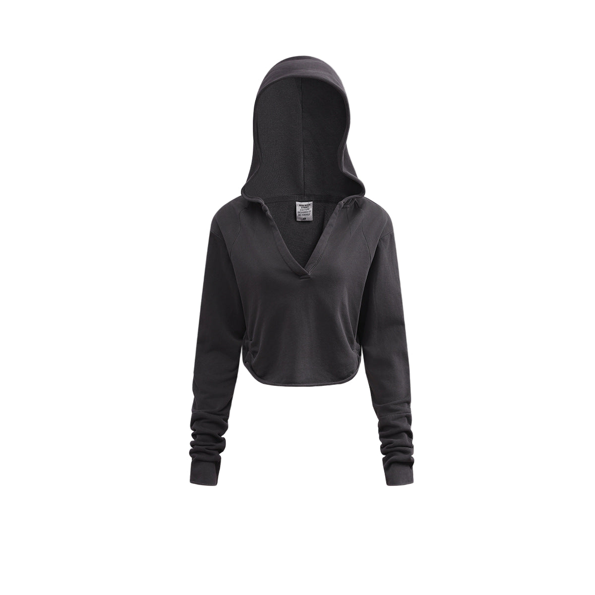 Women’s cropped hoodie, dark gray, long sleeve, hood, front flat lay.