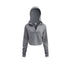 Women’s cropped hoodie, light gray, long sleeve, hood, front flat lay—streetwear fit.