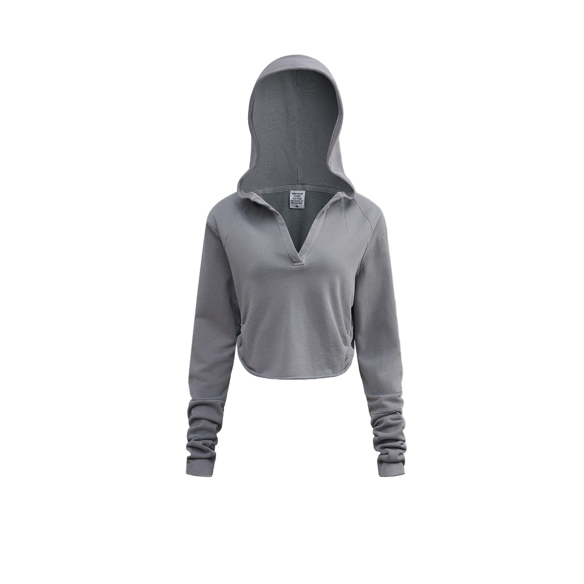 Women’s cropped hoodie, light gray, long sleeve, hood, front flat lay—streetwear fit.