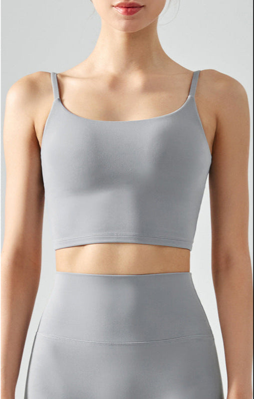 French gray seamless yoga tank top with thin straps and sculpted fit.