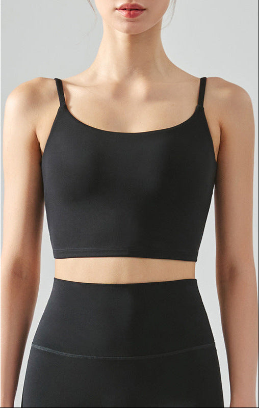 Black seamless tank top cropped with cami straps and sculpting fit