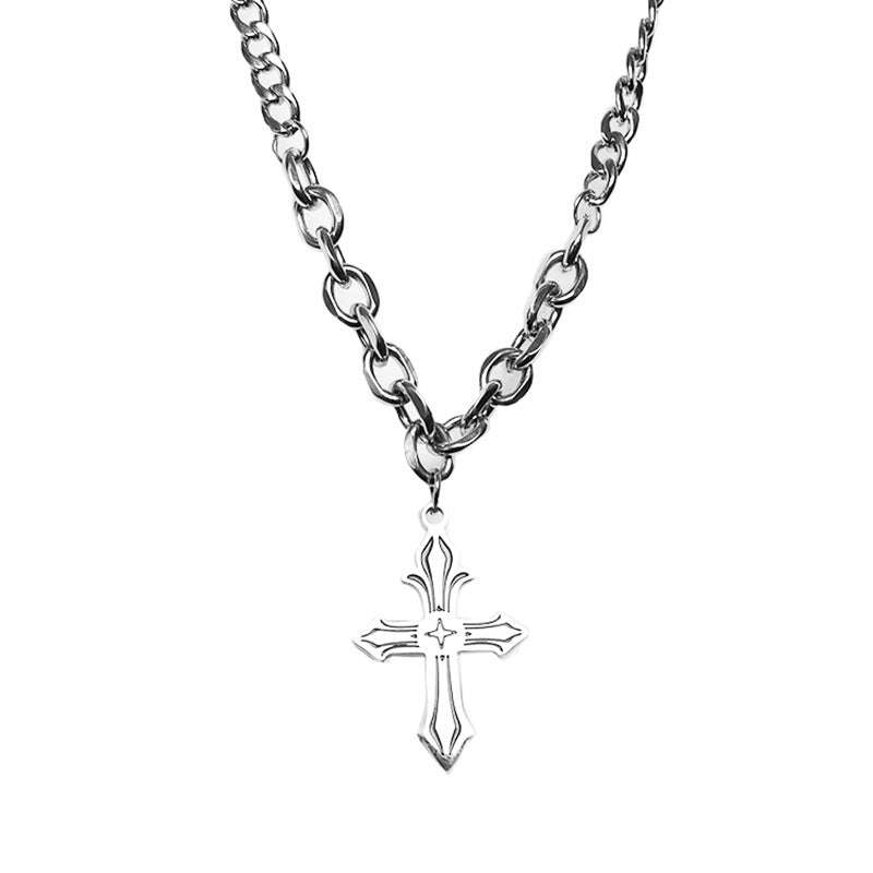 Simple silver cross necklace product view.