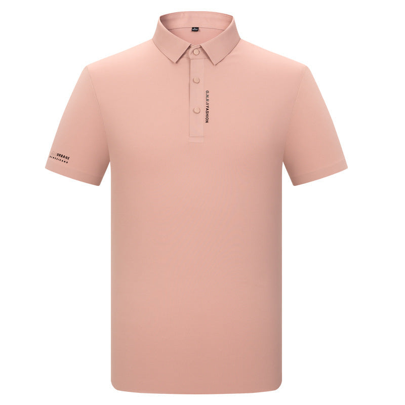Blush pink men's polo shirt with short sleeves, classic collar and vertical G.N.R. FASHION text on placket