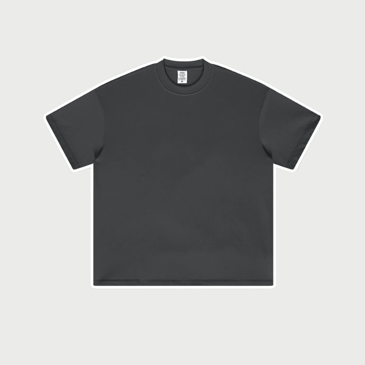 Charcoal gray oversized t-shirt with crew neck and short sleeves displayed flat against light gray background