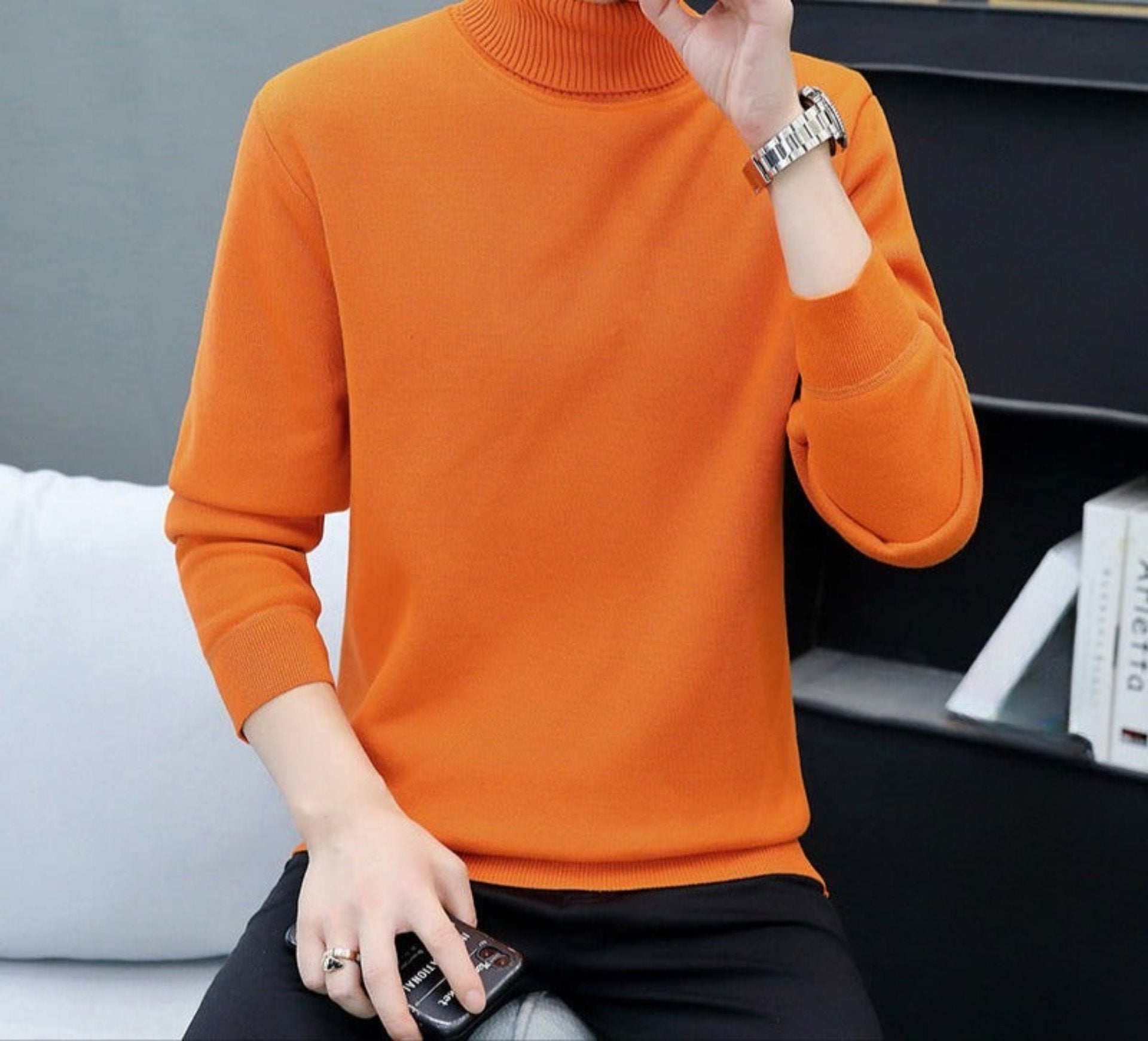 Orange turtleneck sweater with fleece lining