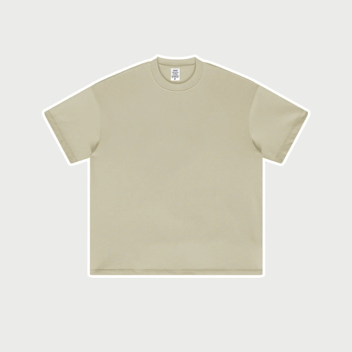 Beige oversized t-shirt displayed flat against light gray background with branded tag visible