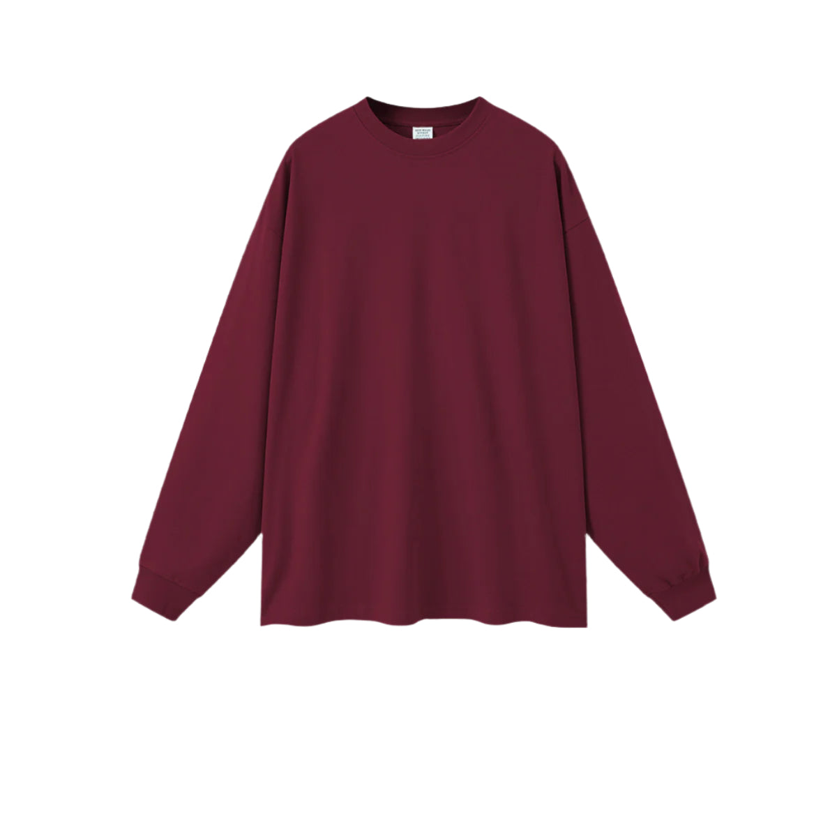 Burgundy oversized sweatshirt with crew neck and ribbed cuffs on plain background