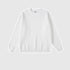 White crewneck sweatshirt with ribbed collar, cuffs and hem displayed against light gray background