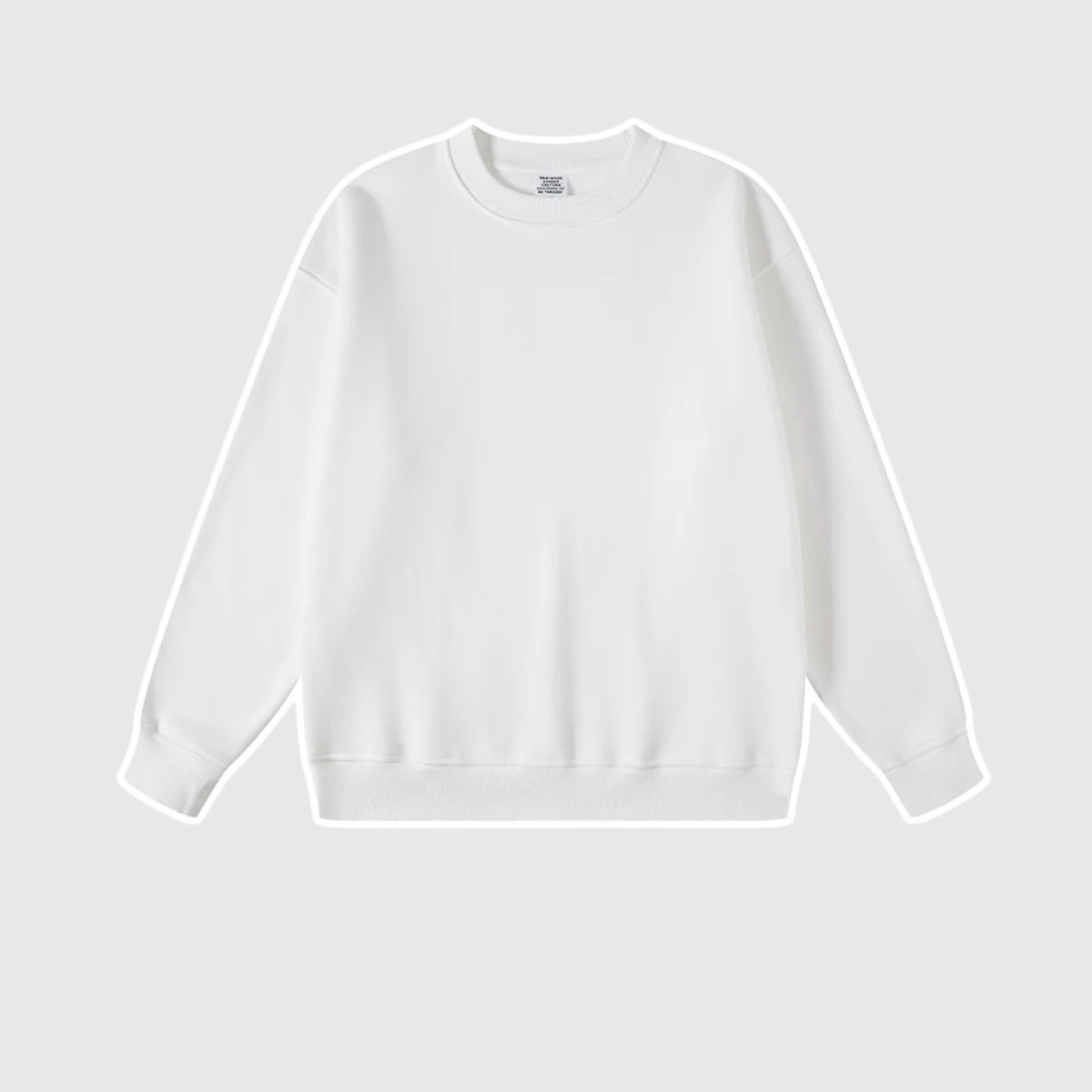 White crewneck sweatshirt with ribbed collar, cuffs and hem displayed against light gray background