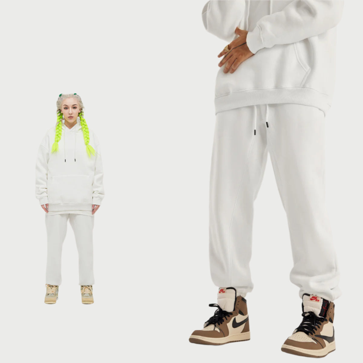 White sweatsuit showcased in split-view format with full outfit on left and close-up detail of jogger leg and brown/white Jordan sneakers on right against white background