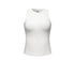 White fitted tank top with high neckline and sleeveless design, shown against white background. Features stretchy fabric and slim fit