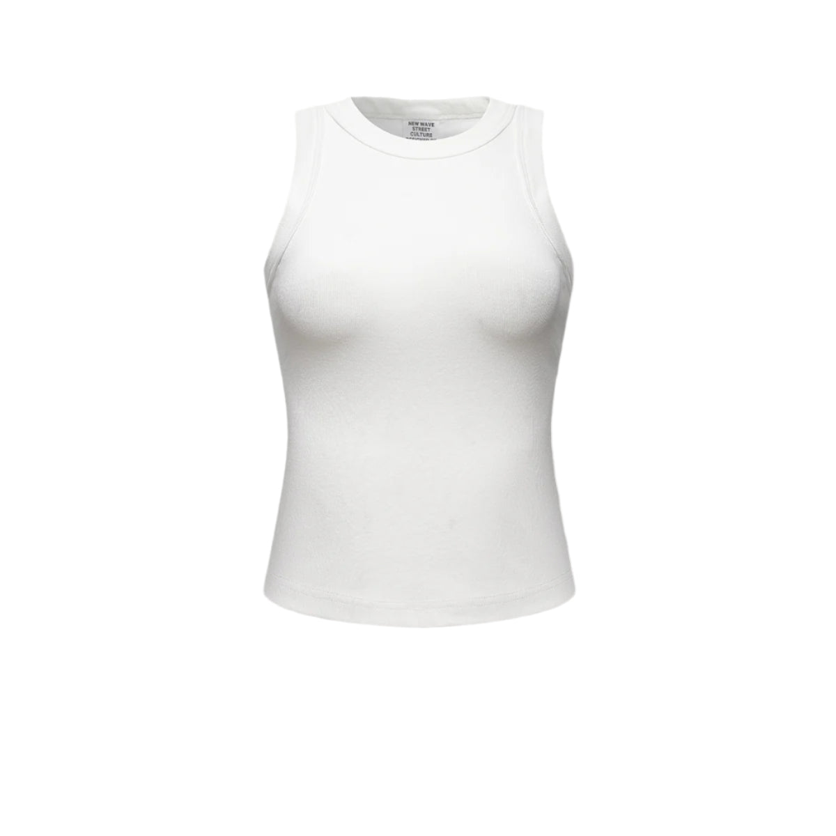 White fitted tank top with high neckline and sleeveless design, shown against white background. Features stretchy fabric and slim fit