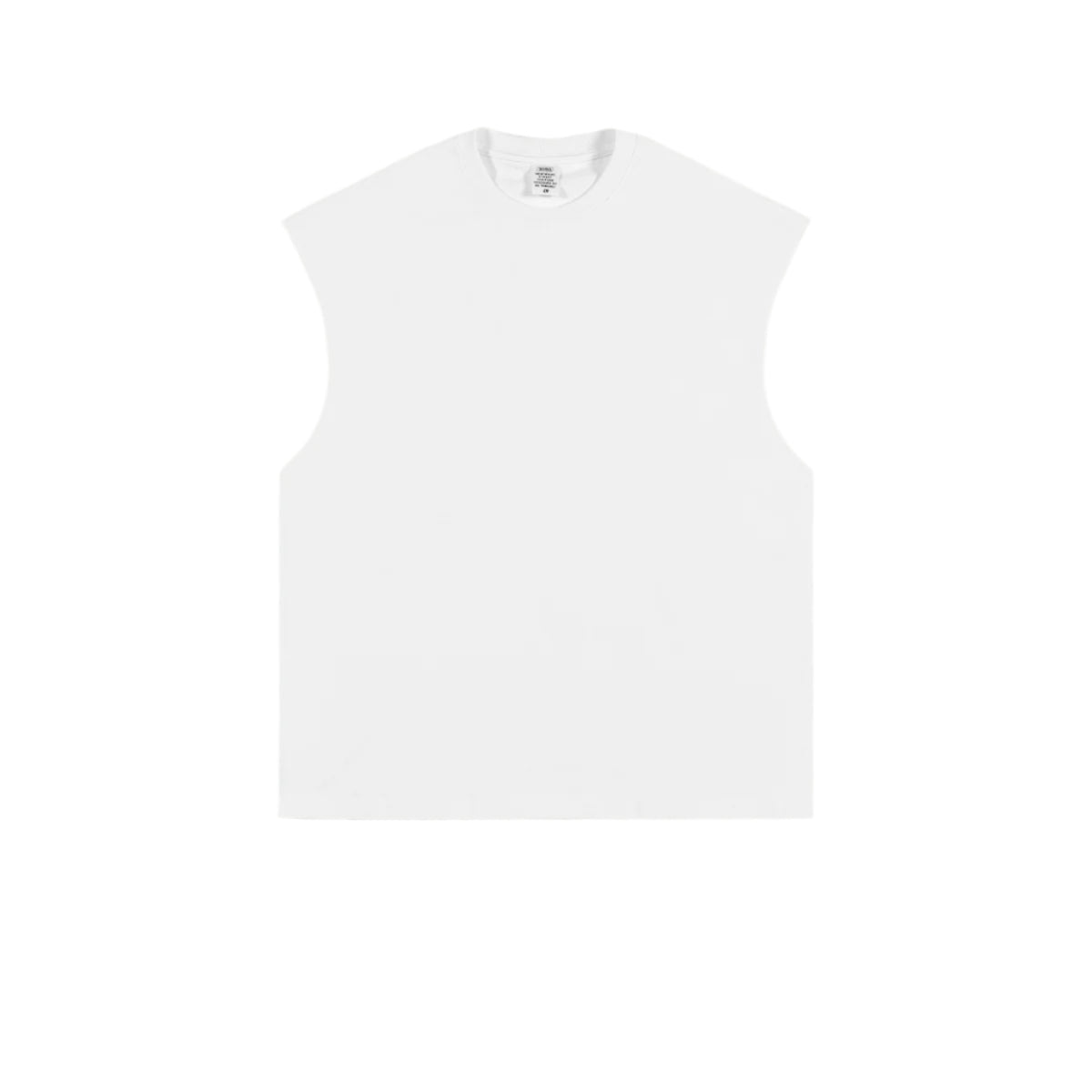 Pure white oversized sleeveless muscle tee with crew neckline and manufacturer's tag visible, displayed flat against white background