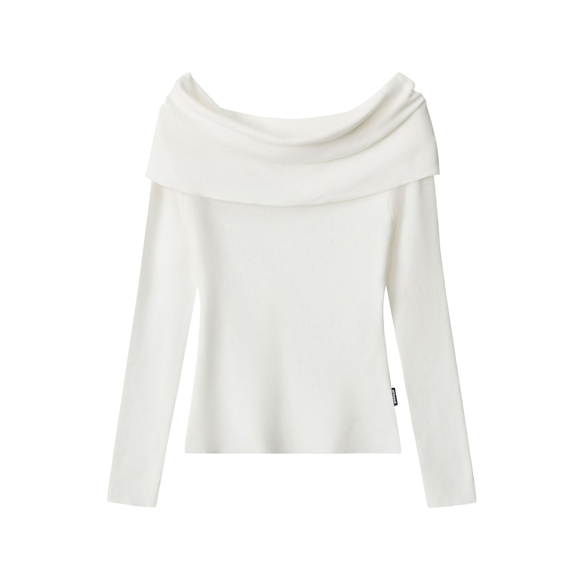 Off-white, long-sleeve, off-the-shoulder top with a wide neckline on a plain background.