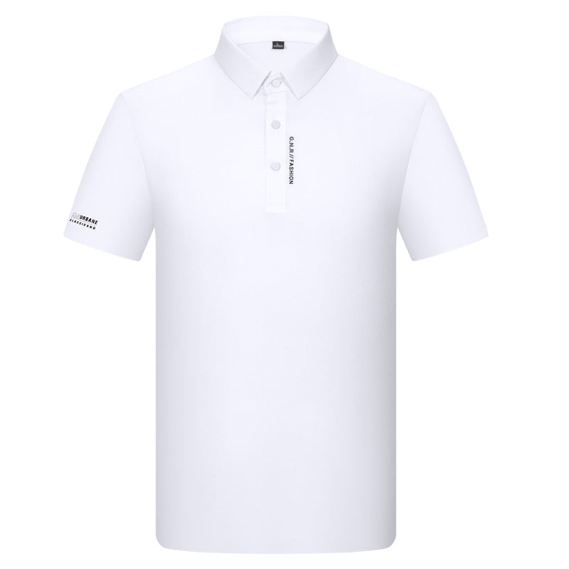White men's polo shirt with short sleeves, classic collar and vertical G.N.R. FASHION text on placket. Urbane Classicand branding on sleeve