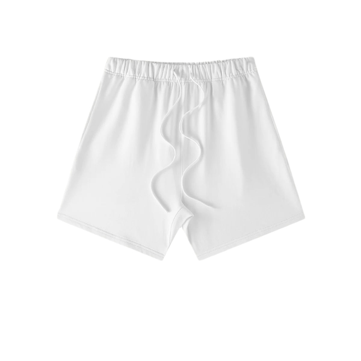 Pure white cotton lounge shorts with elastic waistband and matching drawstring, displayed flat against white background